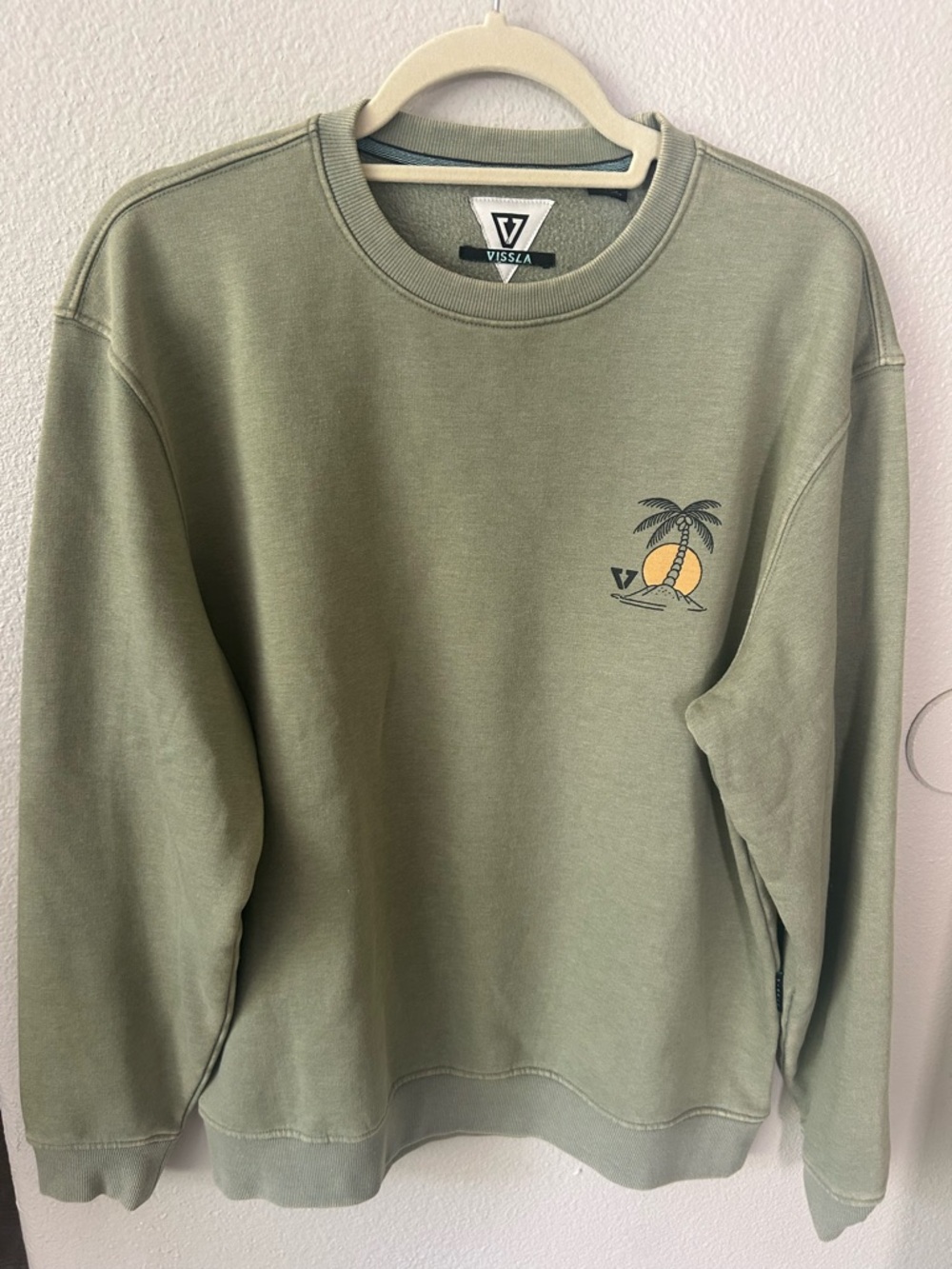 VISSLA Olive Green Crewneck with Palm & Sunset Graphic